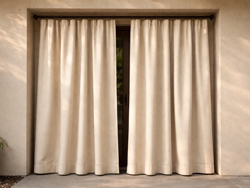 Heavy drop-cloth patio curtains hang neatly at an outdoor doorway with rust-resistant hardware.