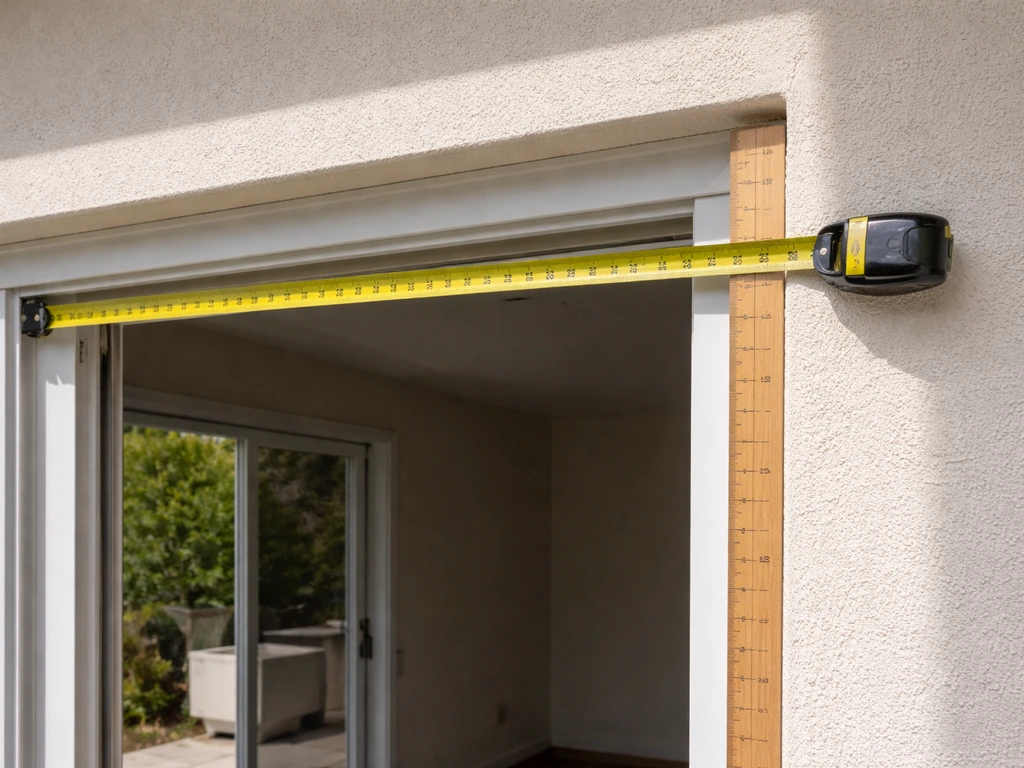 Measuring tape and yardstick measuring a patio opening width and height against a door frame