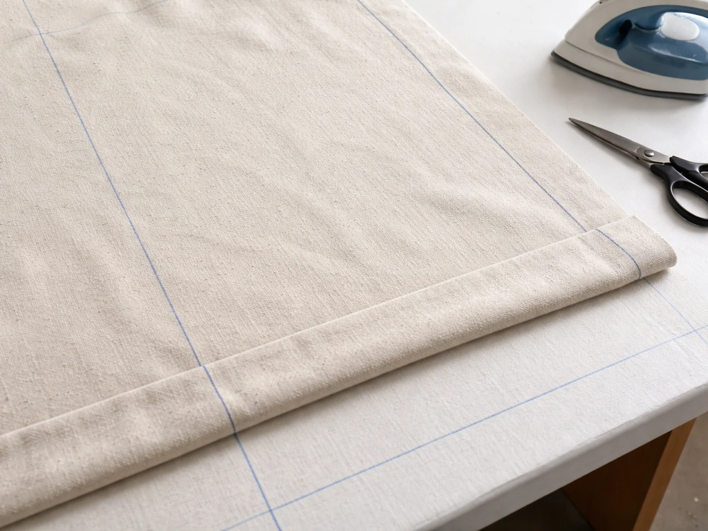 Drop cloth panel laid flat with chalk cutting lines and a folded, pressed hem ready for stitching.