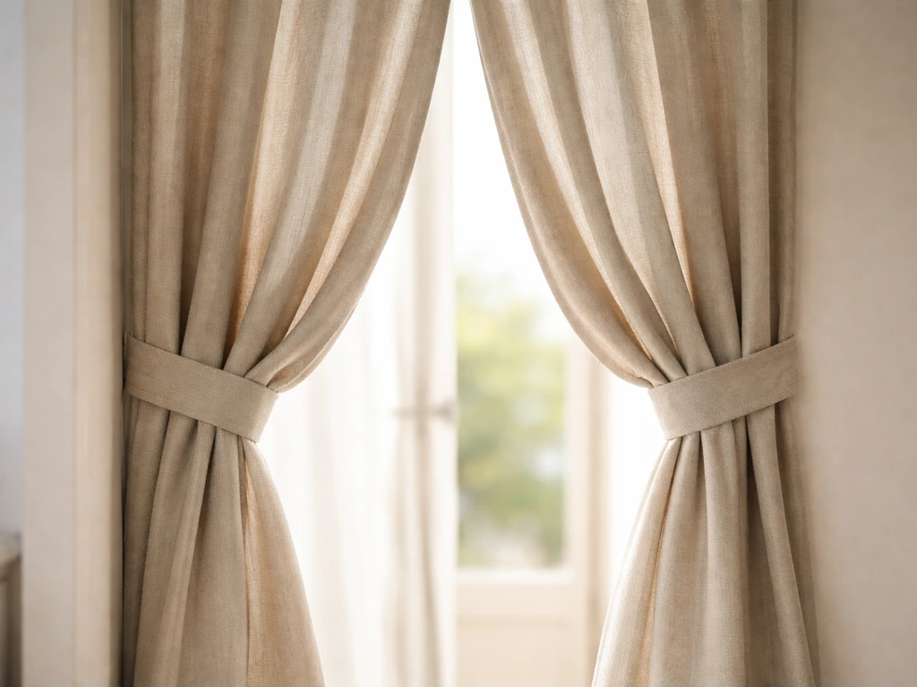 Close-up of two overlapping curtain panels with tie-backs holding them closed in light wind.