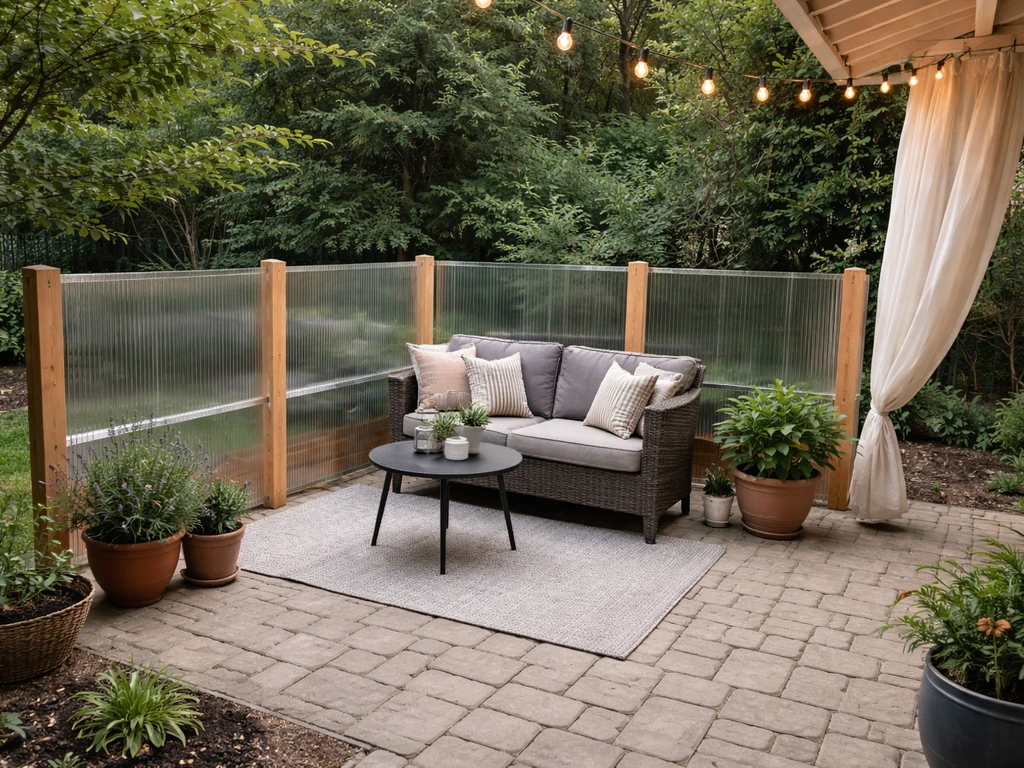 DIY wind barrier panels protecting patio seating on a breezy day