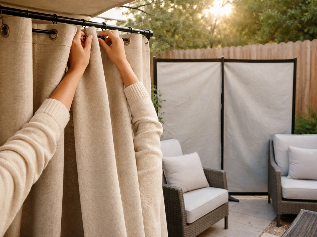 Hands hang outdoor curtain panels on a patio windbreak near seated chairs.