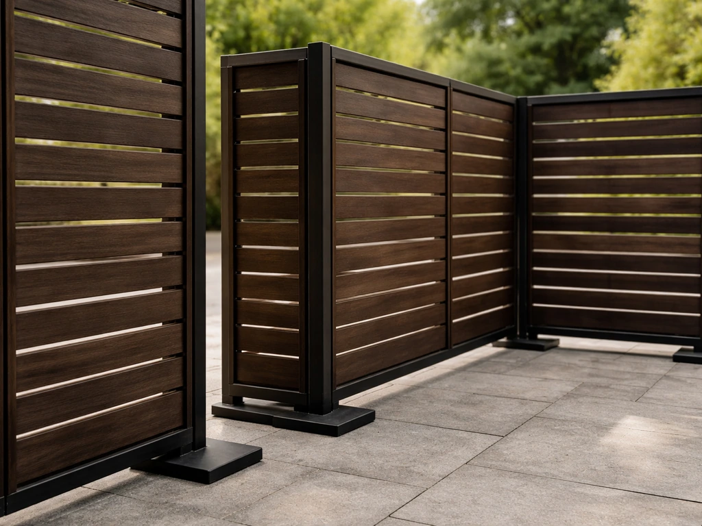 Close view of freestanding slatted privacy screen panels with weighted base around a patio edge