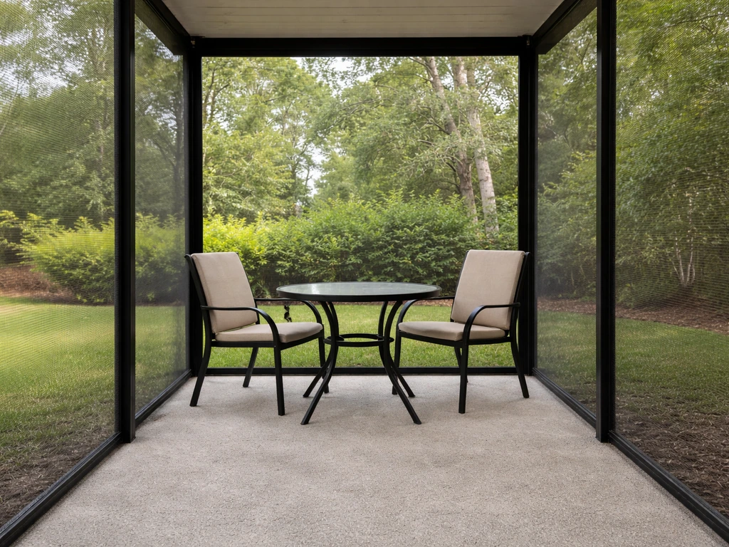 Screened patio enclosure with clear posts and mesh walls enclosing an outdoor seating area