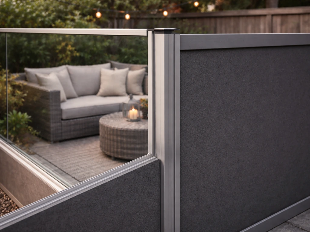 Patio windbreak on the windward side with the corner gap sealed to redirect airflow away from seating.
