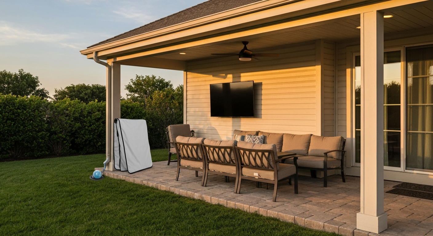 Covered patio with a wall-mounted flat-screen TV under an overhang, seating, and a visible weatherproof GFCI outlet.