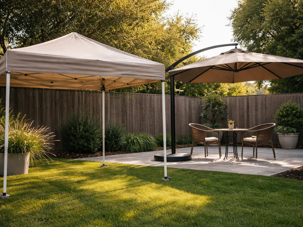 Patio with an offset cantilever umbrella and a quickly set-up temporary shade setup for weekend comfort.
