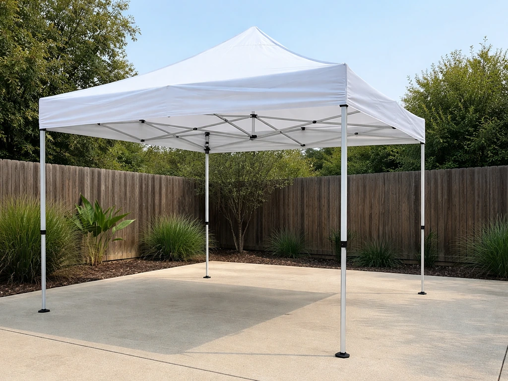Folding-leg 10x10 pop-up canopy tent standing in a quiet patio yard with visible fabric and legs.