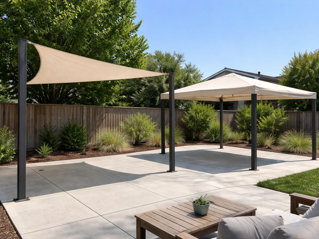 Backyard setup showing a freestanding shade sail on posts and a simple canopy frame side-by-side.