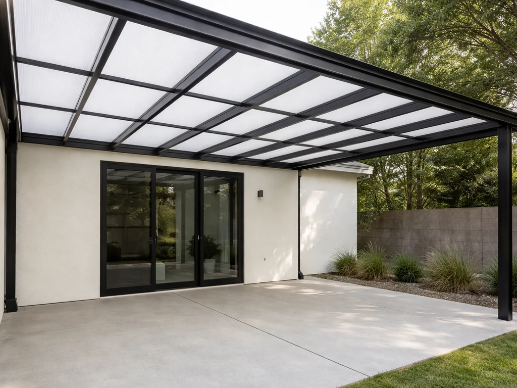 Translucent polycarbonate patio cover panels diffusing full sunlight over an empty patio