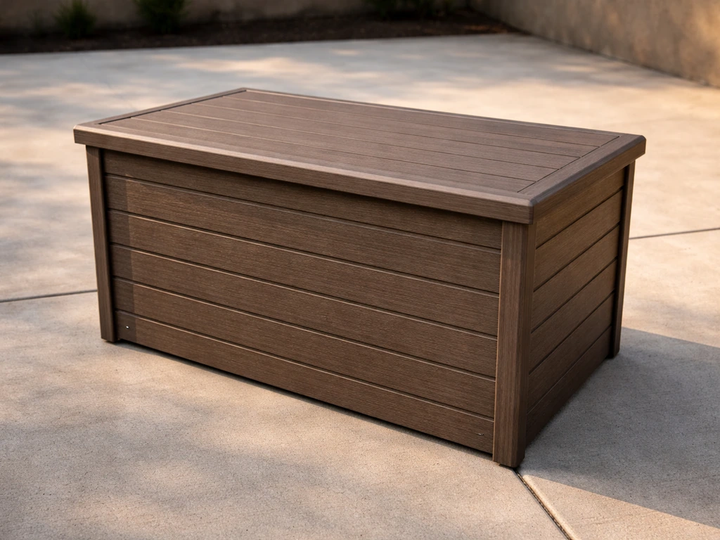 Durable DIY patio storage box on an outdoor patio with the waterproof lid closed.