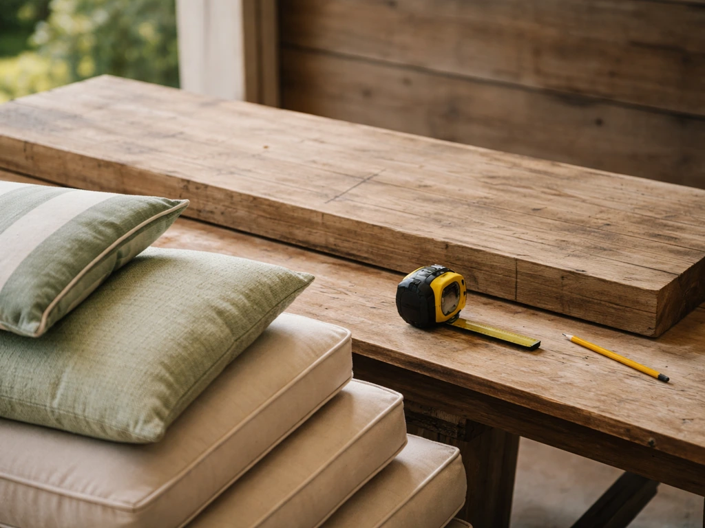 Lumber with tape measure and pencil marks for planning, with patio chair cushions and pillows staged nearby.