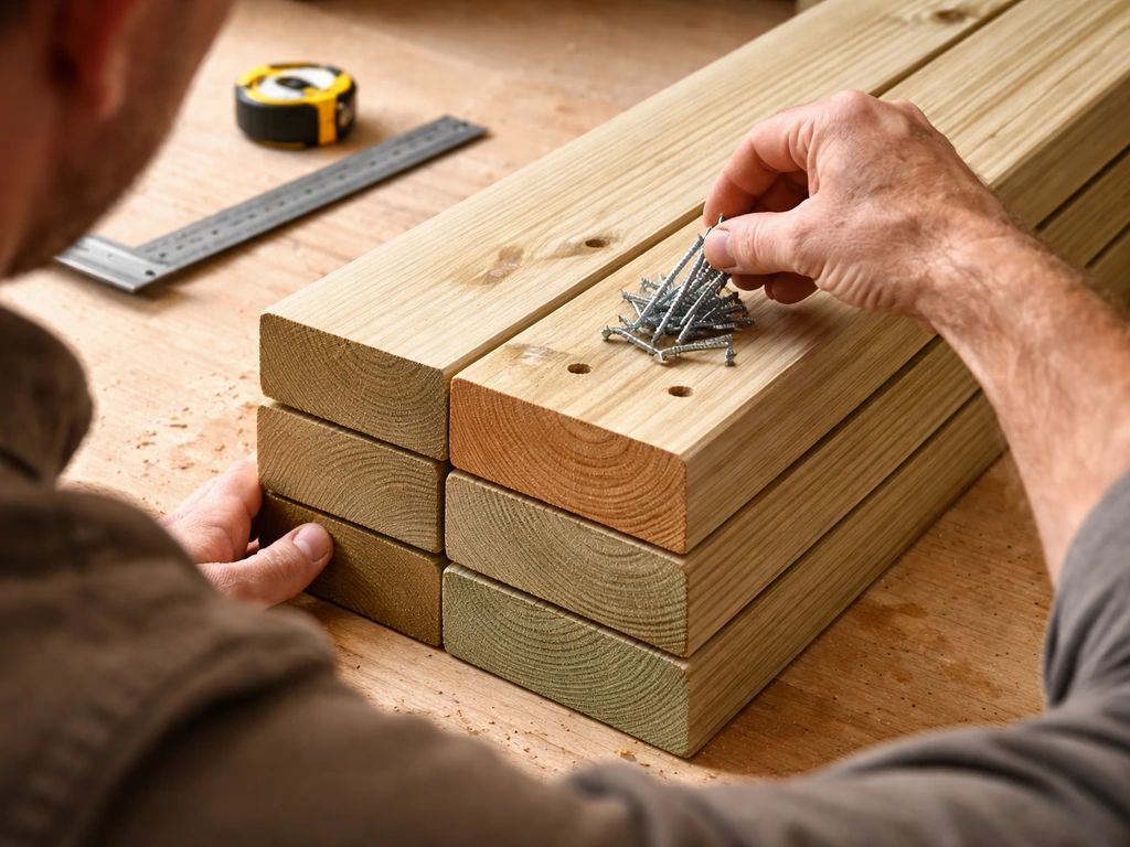 Close-up of hands fitting zinc-plated screws on freshly cut pressure-treated lumber with a square and tape