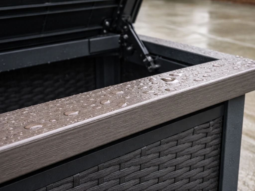 Close-up of a patio storage box lid overhang and hinge, with waterproof construction in wet weather.