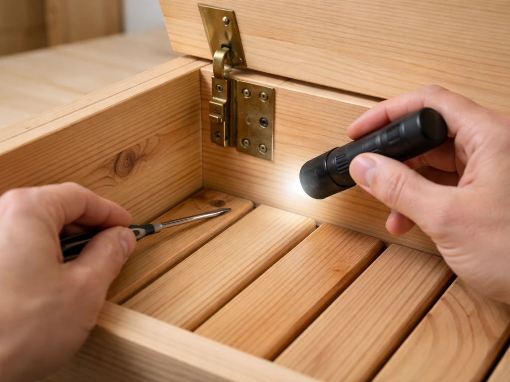 Hand inspecting a wooden hinge and floor slats with a flashlight and small tool