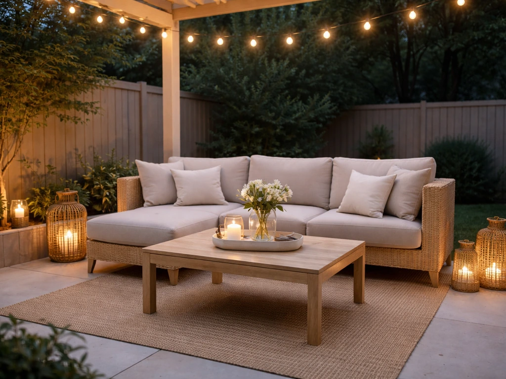 Dusk patio with warm string lights, light-colored decor, and a bright airy seating area.