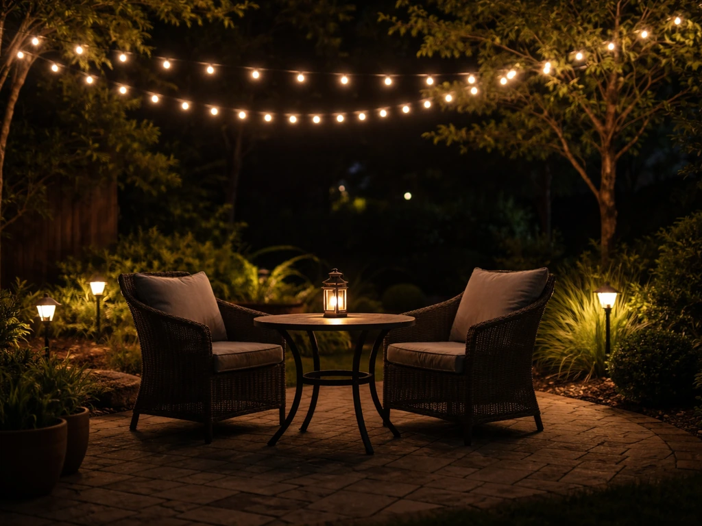 Night patio with warm string lights overhead and softly lit seating area for evening use