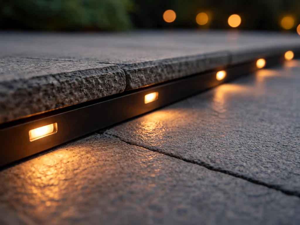 Close-up of warm step lights glowing along a patio edge at dusk for safe ambient illumination.