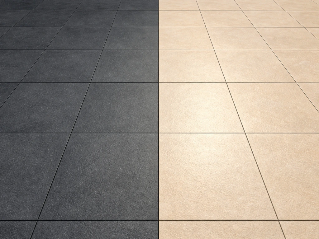 Two adjacent patio floors—dark charcoal vs light beige—showing sunlight reflecting off the lighter finish.
