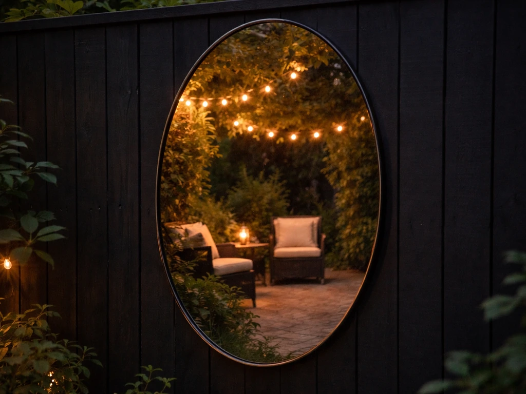 Outdoor mirror on a dark fence wall reflecting warm string lights to brighten a patio