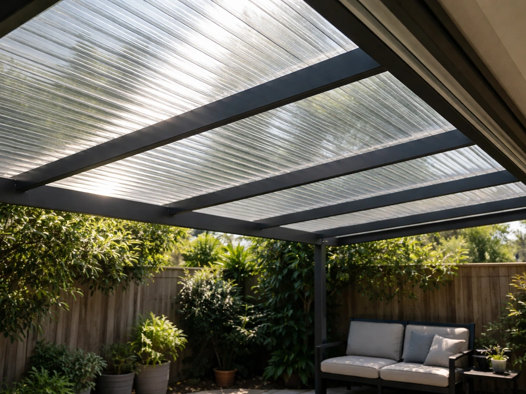 Patio cover with clear polycarbonate panels letting daylight through over a simple outdoor seating area.