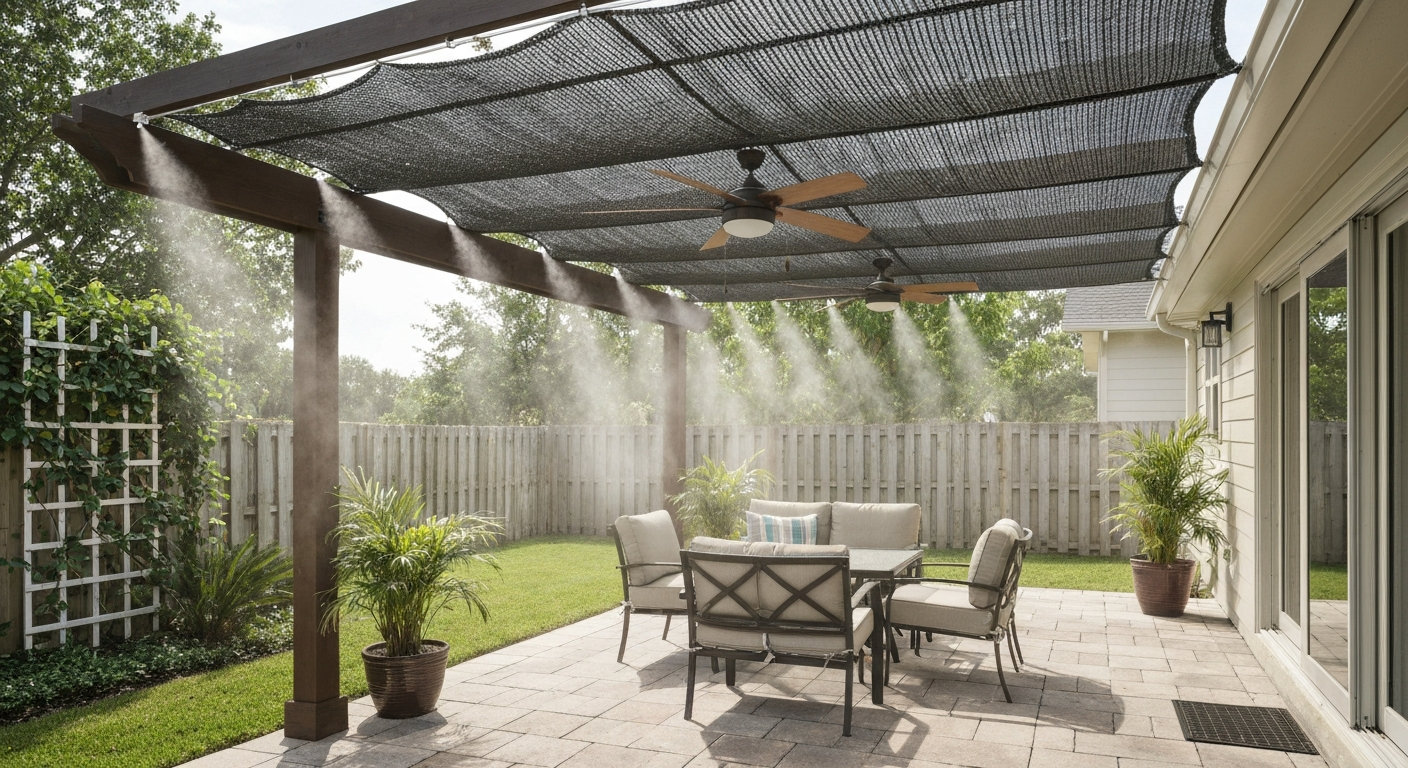Shaded pergola patio with ceiling fan, high-pressure misting line, light flooring and tropical plants.