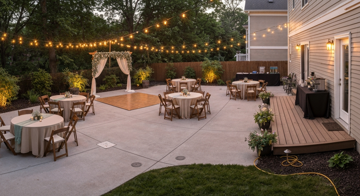 Twilight patio wedding setup with draped arch, round dining tables, string lights overhead, and a small dance area — warm, intimate outdoor celebration.