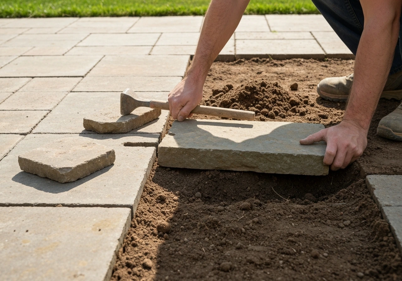 Hands pry up a damaged patio flagstone next to exposed soil prepared for a new paver.