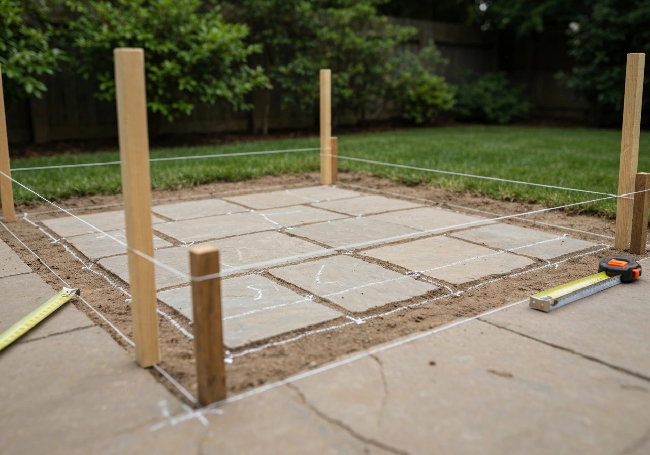 Close-up of patio paver layout plan with stakes and string lines marking boundaries.