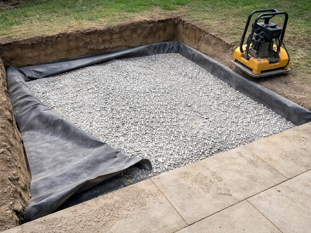Excavated patio area with geotextile fabric and compacted crushed stone base prepared for bedding.