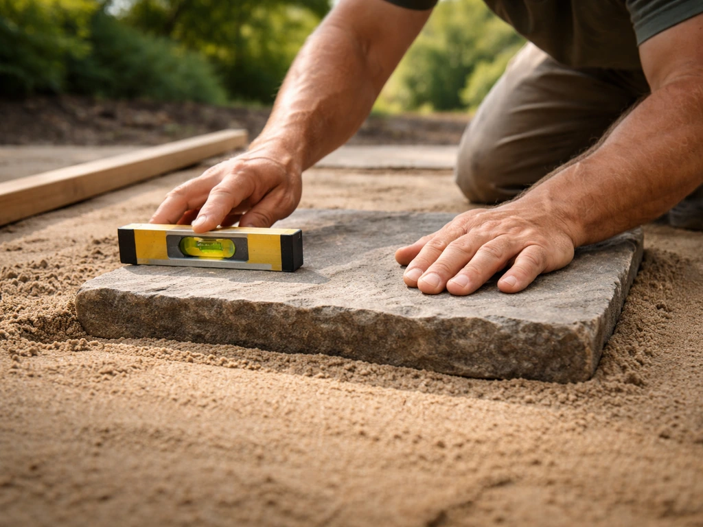 Hands press and level a flagstone into bedding sand using a spirit level on a patio.
