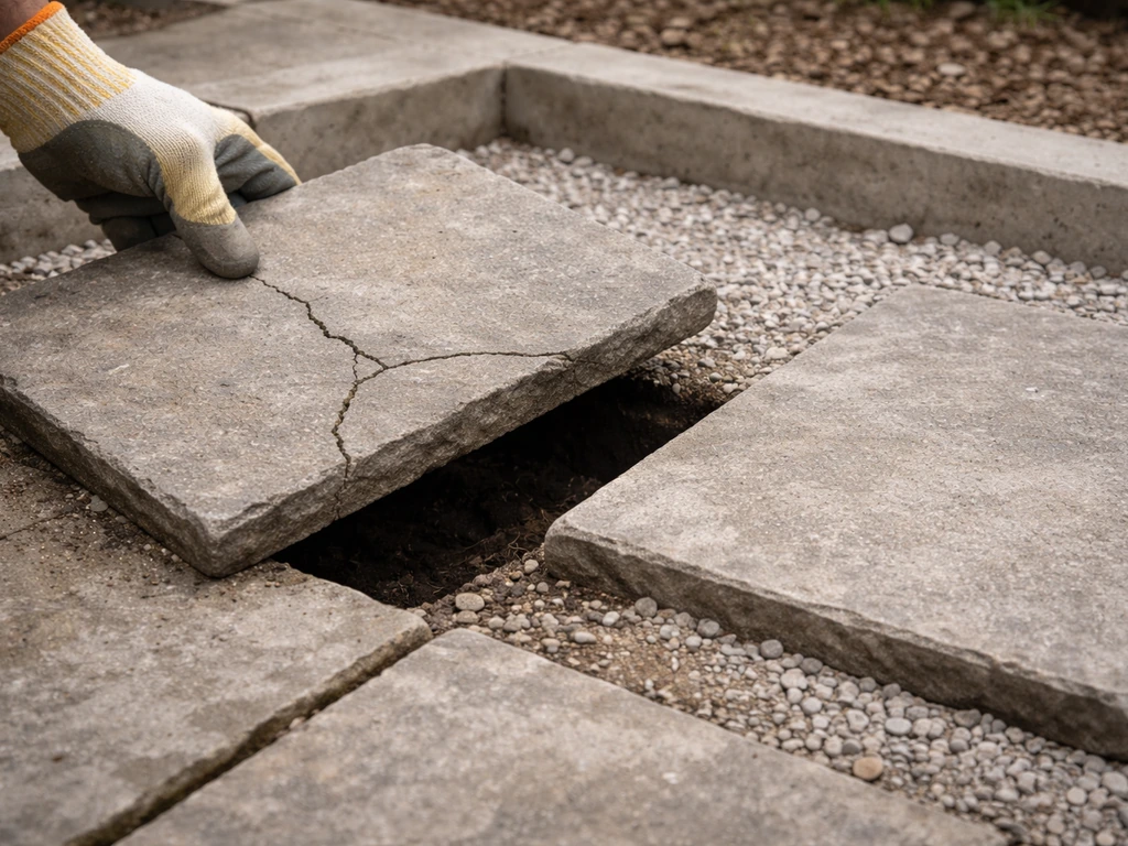 Gloved hand lifts a cracked patio stone flag, revealing a void beneath on gravel bedding.