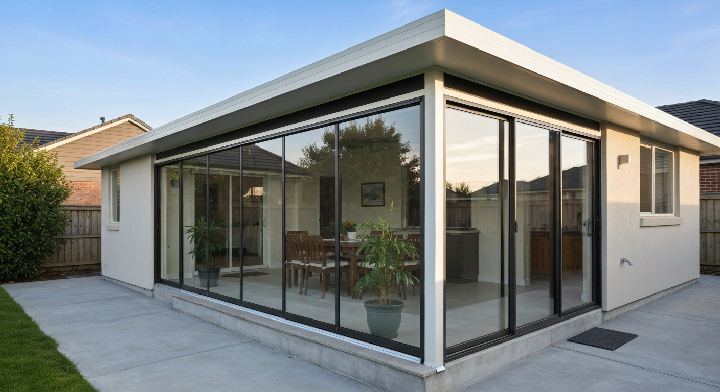 Exterior photo-style view of a house with a glass-enclosed patio/sunroom attached to the back, showing floor-to-ceiling glass panels and a sliding door.
