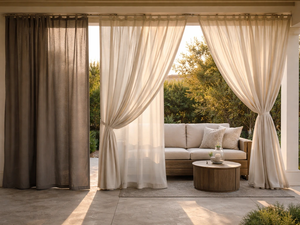 Outdoor patio curtains in three modes—privacy at dusk, sun shade, and wind blocking—before any cutting.