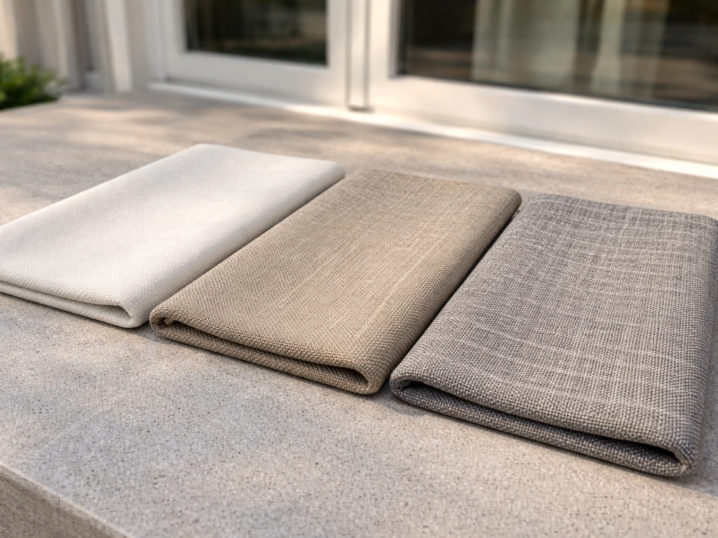 Close-up of three small swatches of outdoor curtain fabrics showing texture under natural light