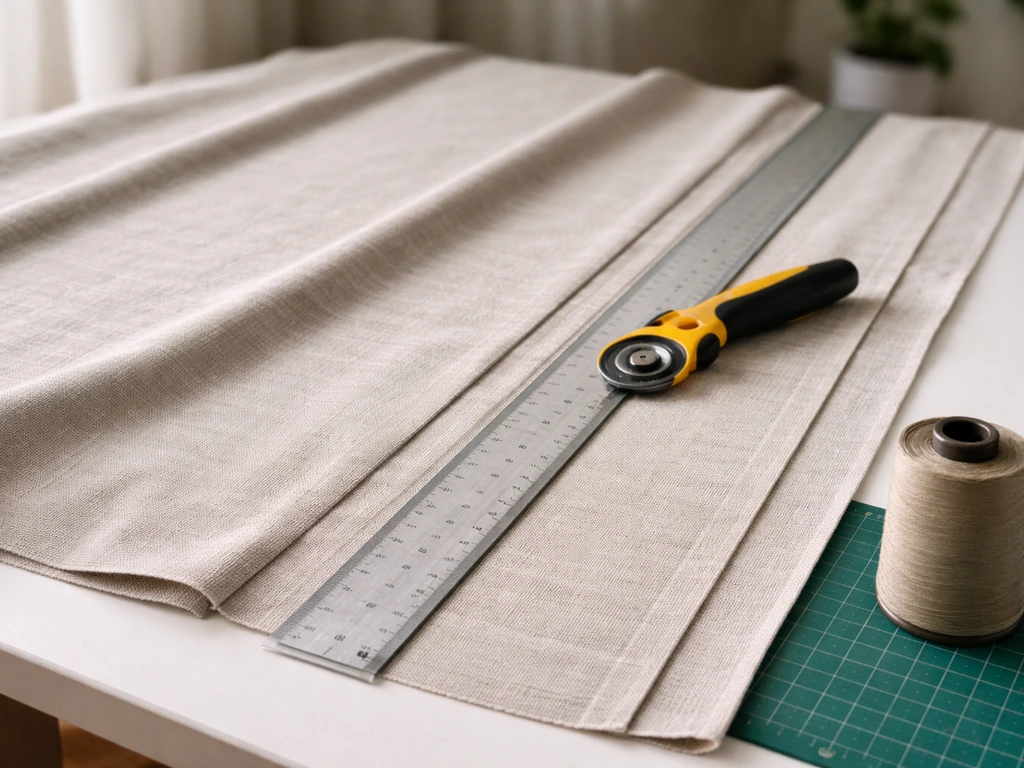 Rotary cutter cutting straight curtain fabric panels on a flat work surface with outdoor thread nearby.