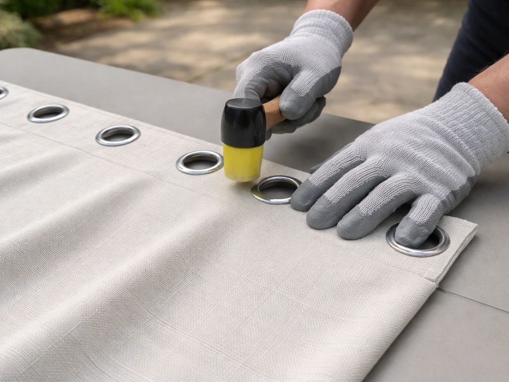 Gloved hands fitting grommets on an outdoor curtain top panel on a patio table.