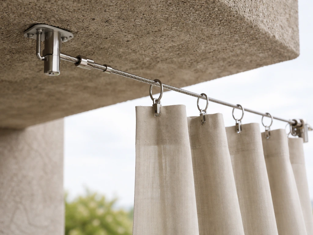 Outdoor patio curtain rods and stainless cable brackets mounted to concrete, curtains hanging in place
