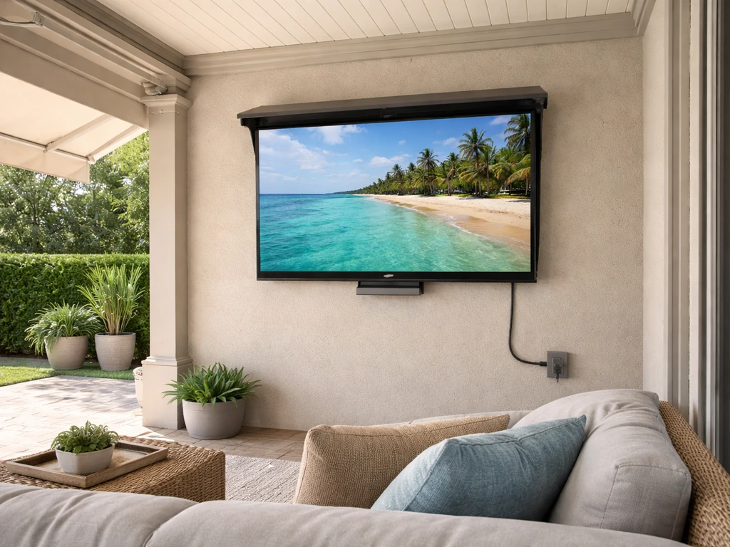 Patio seating view of a mounted outdoor TV under a covered roof with controlled glare