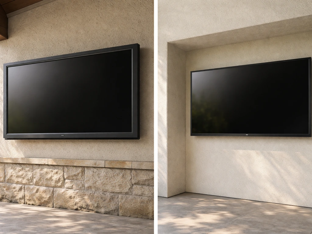 Side-by-side outdoor TV with weatherproof housing and an indoor-style TV in a sheltered area under daylight.