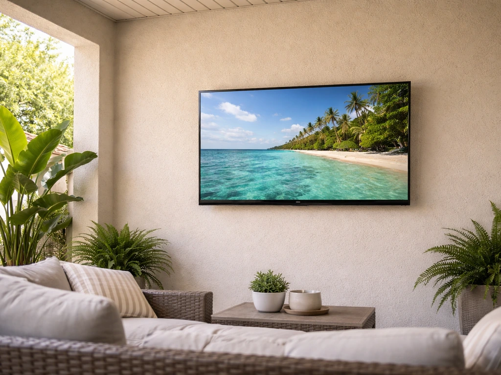 Wall-mounted outdoor TV on a patio, framed to show viewing angle from nearby seating.