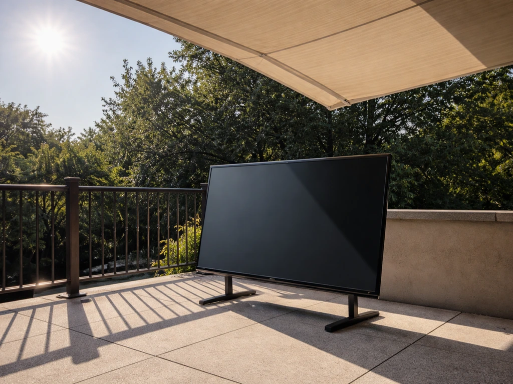 Outdoor patio TV mounted under an awning to avoid direct afternoon glare, with shadows showing sun and shade.