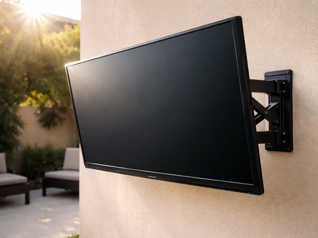 Outdoor TV on an articulating mount tilted away from the sun to reduce glare.