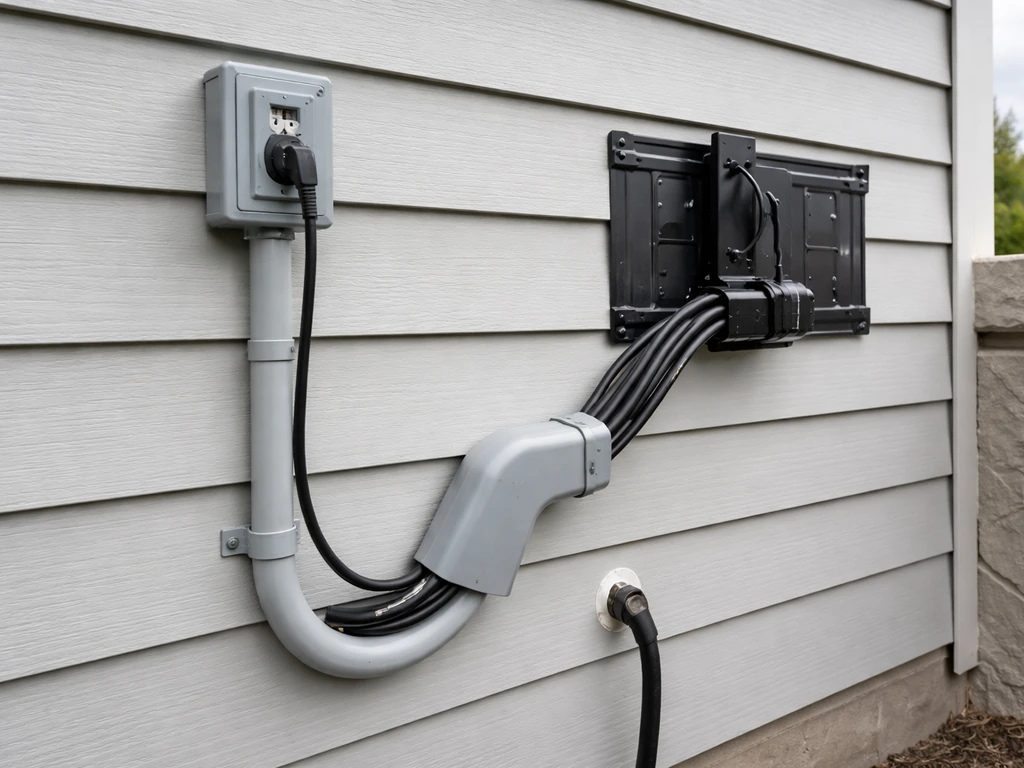 Outdoor TV cable setup with weatherproof PVC conduit and sealed wall penetration near a power connection.