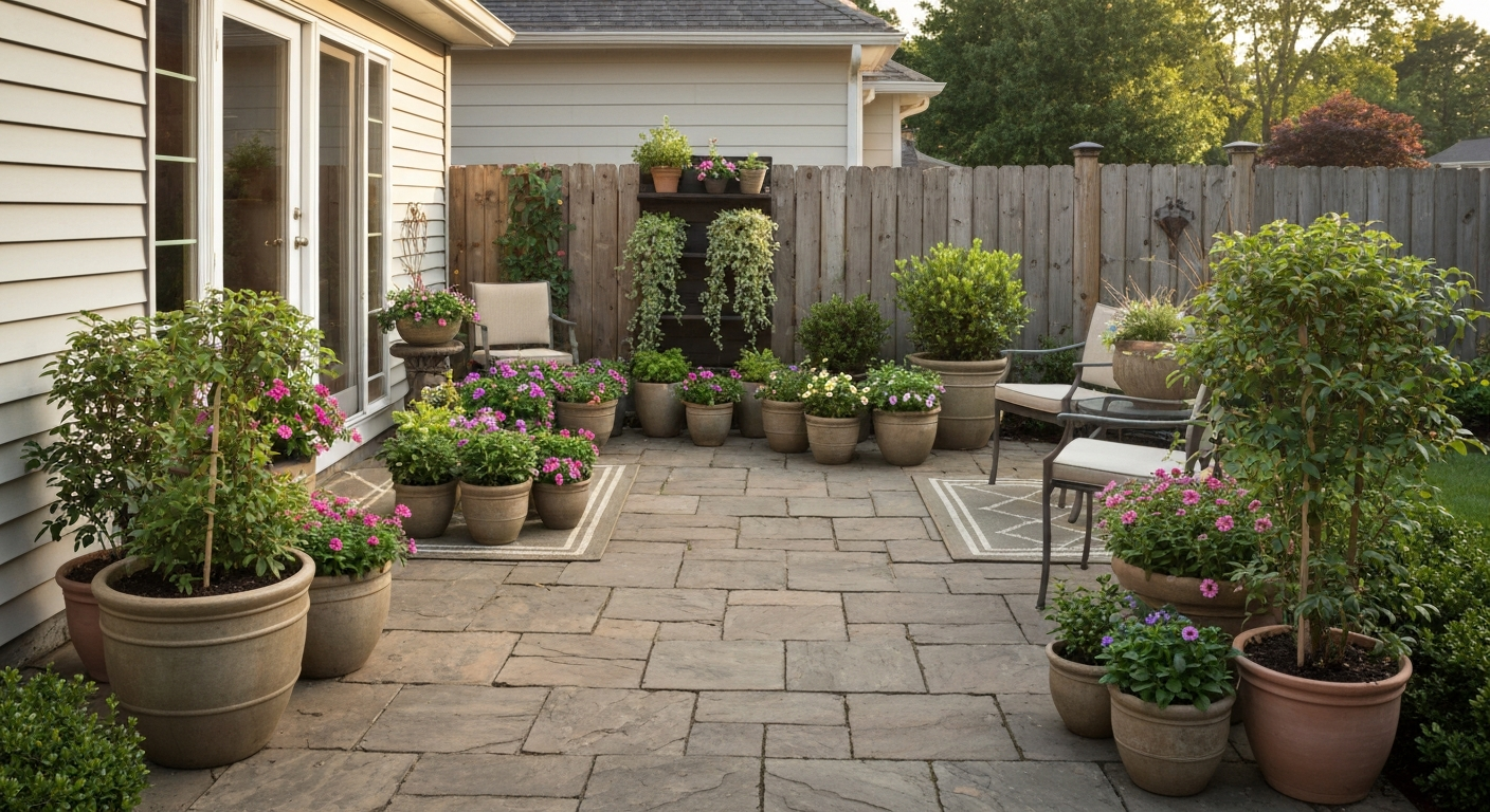 A sunlit backyard patio decorated with a variety of grouped flower pots, vertical shelving with trailing plants, and seating, showing an inviting, well-planned container garden.