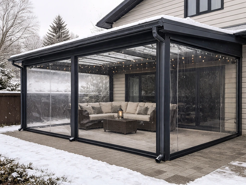 Snow-free covered patio with secured side enclosure panels and a winter-ready roof.