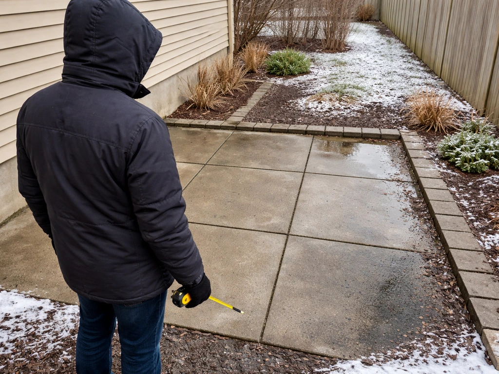 Anonymous homeowner at a backyard patio inspecting drainage and winter exposure with a tape measure.