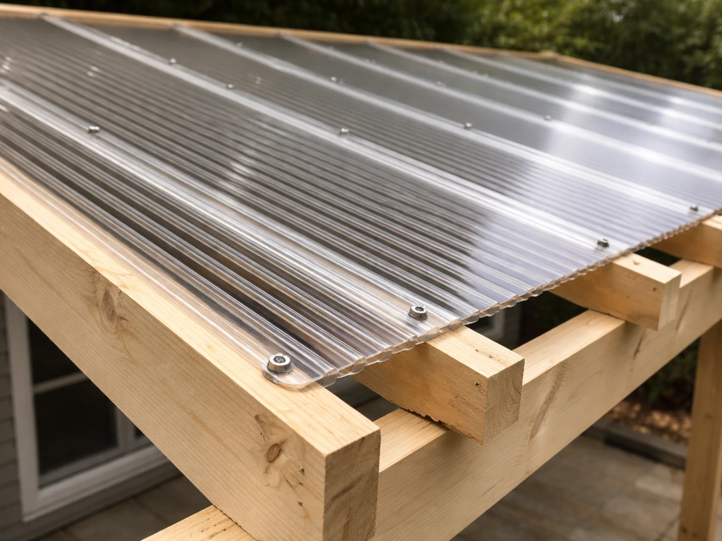 Close-up of twin-wall polycarbonate panels being fastened to a patio cover rafter frame.