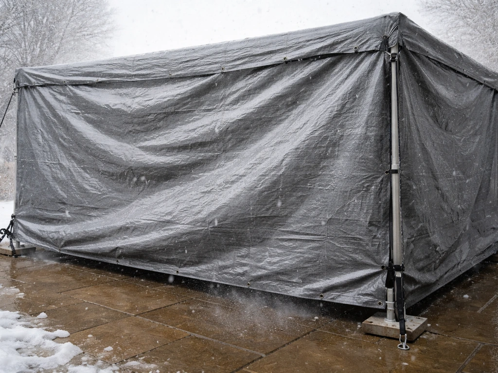 Reinforced winter tarp pulled taut over a patio frame, secured with tie-down straps against wind and snow.