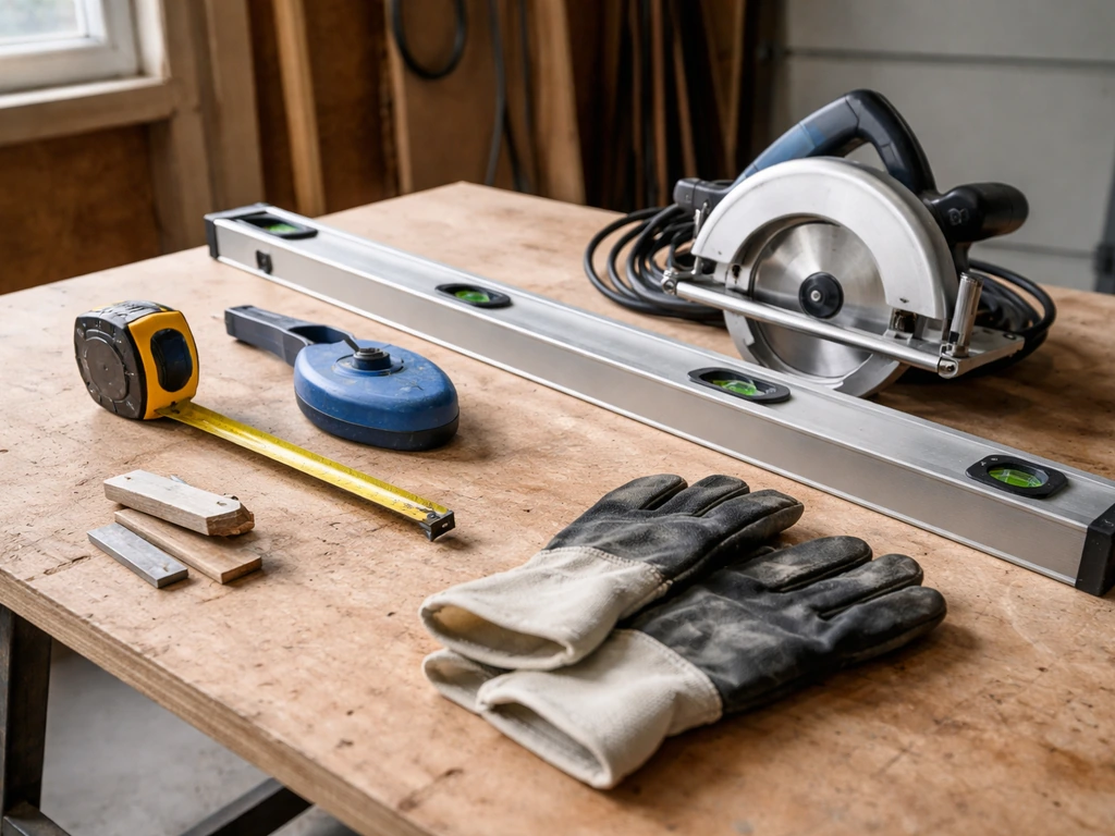 DIY tools laid out on a work table for installing a winter patio cover